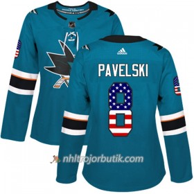 Dame Ishockey San Jose Sharks Tröja Joe Pavelski 8 Adidas 2017-2018 Teal USA Flag Fashion Authentic
